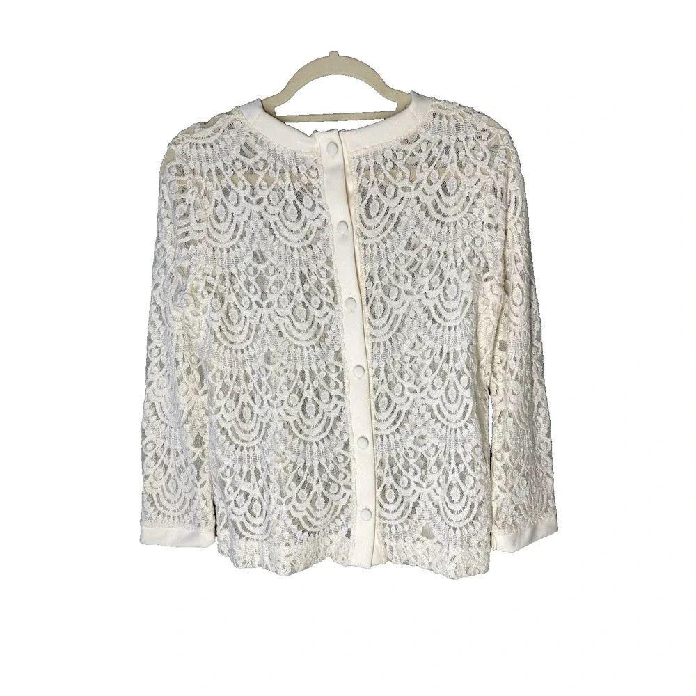 Banana Republic Shirt Womens Medium Ivory Lace Button Back Long Sleeve Sheer Top